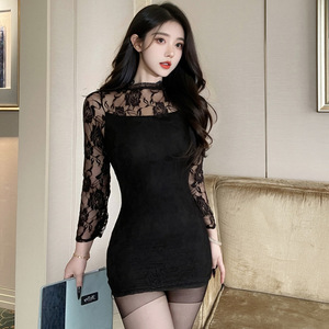 Sexy Bodycon Dress With Lace Sheer Long Sleeve V Neck Black Club Wear - Product Image 2