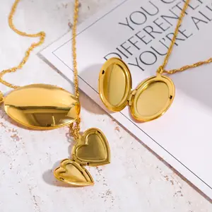 Colar de medalhão de coração de amor em aço inoxidável de papel amarelo para mulheres moldura de foto em forma de coração