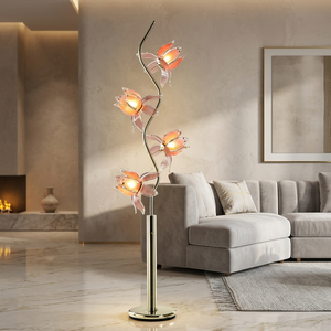Lampe sur pied décorative en verre à 4 têtes en forme de lotus, avec un élégant poteau en métal en forme de S, abat-jour en forme de fleur, pour la décoration intérieure de la maison - Product Image 1