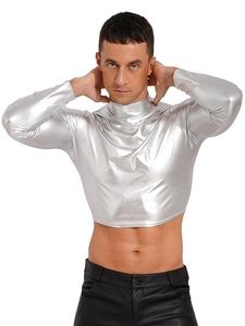 Men Latin Dance Crop <b>Top</b> Metallic Long Sleeve <b>Mock</b> <b>Neck</b> Shiny Liquid Stage Ballroom Festival Costume Custom - Product Image 4