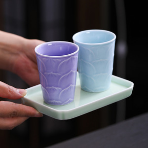 Tasse à thé en céramique à motif de pétales de lotus, glaçure colorée, faite à la main, mug en porcelaine chinoise en relief, ensemble cadeau - Product Image 1