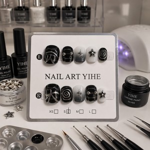 Faux ongles à presser noirs et blancs en forme d'amande, motif étoile 3D spirale géométrique, couverture complète pour femmes - Product Image 6
