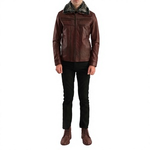 <b>Men's</b> <b>Brown</b> <b>Leather</b> Bomber <b>Jacket</b> with Turn-down Collar Zipper Closure Windproof Winter Outerwear Regular Fit Front Logo - Product Image 4
