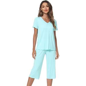 Ensemble de pyjamas en viscose de bambou pour femmes, vêtements de nuit d'été, haut à manches courtes, pantalon capri, tailles S-XXL - Product Image 1