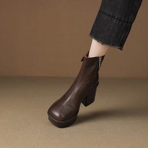 Chaussures en cuir véritable faites à la main, à bout carré, couleur unie, élégantes, rétro, décontractées, à talon moyen épais, antidérapantes et tendance - Product Image 6