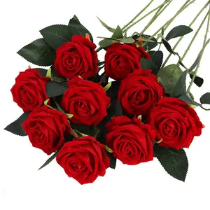 Flores artificiales de una sola cabeza, rosa roja de seda, flor de Rosa artificial para boda, decoración de fiesta en casa