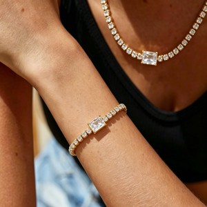 18K Gold Plated Stainless Steel Tennis Chain Women's Jewelry <b>Set</b> <b>Square</b> Zircon Crystal Rhinestone Pendant Trendy Daily Wear - Product Image 2