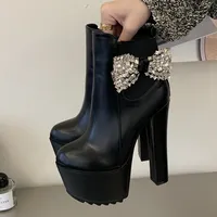 Bottines à plateforme épaisse style punk pour femme, avec cristaux, fermeture éclair papillon, antidérapantes, talon carré super haut de 8 cm