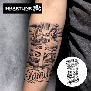 INKARTLINK Pegatina de tatuaje para el cuerpo, tatuaje temporal de papel, diseño de cruz familiar y paloma, resistente al agua, ecológico, de larga duración (15 días), a granel - Product Image 2