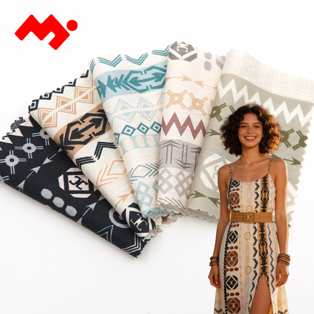 Low MOQ 100% Rayon Vintage Ethnic Geometric Print Twill Slub Fabric for Women's Bohemian Style Dress