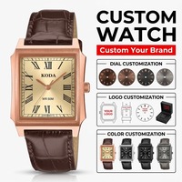 Montre à quartz pour homme, boîtier rectangulaire, cadran à chiffres romains, bracelet en cuir or rose, étanche, fabricant de montres avec logo personnalisé