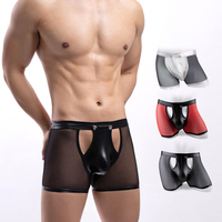 Sexy mesh openbare kruis polyester lederen low-rise heren boxershorts, mesh bikini's en G-strings voor mannen