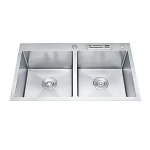 High Quality Custom SUS 304 Kitchen Sink Handmade Double Bowl Sink With Drain Plate