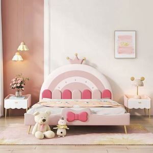 Cake Princess Kids Daybed Full Size <b>Wood</b> Cotton Upholstery Comfortable Modern Pink <b>Rainbow</b> Color Block Design for Girls Bedroom - Product Image 3
