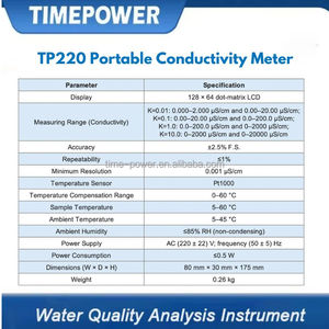 TIMEPOWER TP220 Portable Conductivity Meter with Backlight <strong>Calibration</strong> Records Support K=0.01 0.1 1.0 10 Conductivity Sensor - Product Image 3