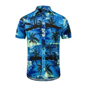 Chemise Hawaïenne Homme Manches Courtes Imprimé Floral Palmiers Bleus Respirante Col Rabattu Vacances d'Été Polyester 140g - Product Image 1