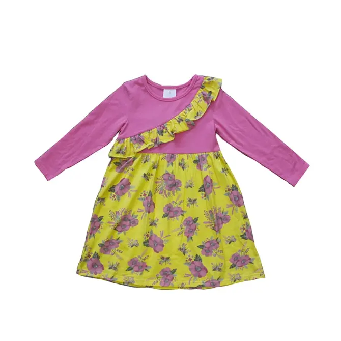 Vestido infantil de tricô para meninas com estampa de desenho de algodão e flores por atacado