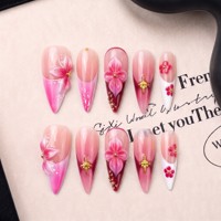 Lot de 10 faux ongles à presser, longs, pointus, style stiletto, courbés, faits main, français, en PMMA, couvrance totale, 3D, double embossage
