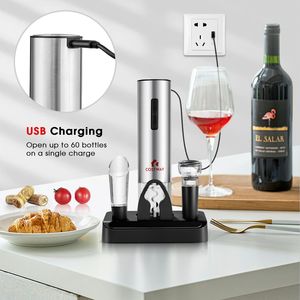 COSTWAY - Juego de abridor de vino eléctrico recargable 6 en 1, sacacorchos de acero inoxidable con cortador de papel de aluminio y luz LED para vino y cerveza - Product Image 4
