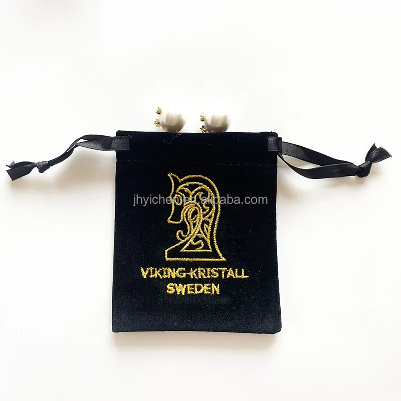 8x10cm Custom Gold Embroidery Logo Flannel Drawstring Rosaries Bags Velvet Pouch For Eye Shadow Plalette