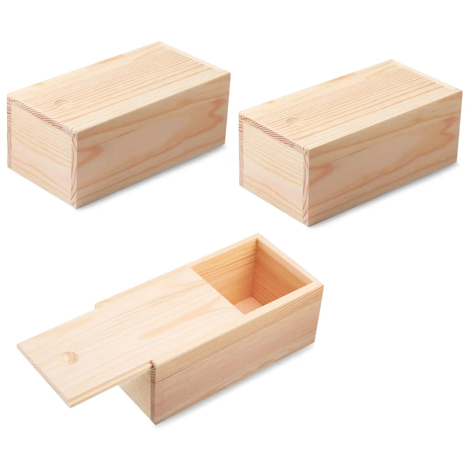 Small Wooden Storage Crates Container Empty Gift Boxes Pencil Box 3 Pieces Unfinished Wood Box with Sliding Lid