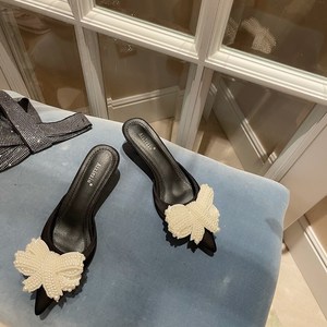 Chaussures d'été pour femmes à talons fins, avec perles extérieures, motif pois basique, en microfibre, nœud papillon, décolletées, noires - Product Image 4