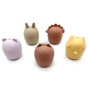 New Popular Customized BPA free Cute Neutral Color Silicone Animal Baby Bath Toys Pool Toy for Baby and Kids, Set of 5pcs