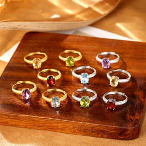 9 Anillos Ajustables Delicados con Granate Ovalado de 7*9mm, Chapados en Oro sobre Plata 925, con Piedras Naturales de Colores, Joyería de Gemas - Product Image 5