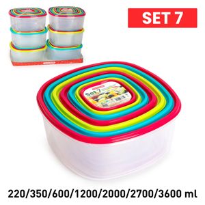 Set di 7 Contenitori Quadrati per Alimenti da 220, 350, 600, 1200, 2000, 2700, 3600 ml in Plastica Resistente e Riutilizzabile per Organizzazione Domestica - Product Image 1