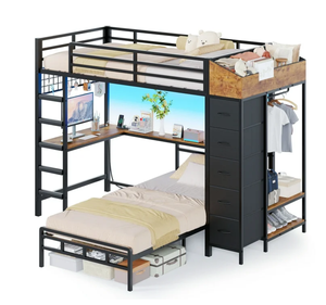 <span class=keywords><strong>Lit</strong></span> <span class=keywords><strong>superposé</strong></span> double en bois industriel SereneLounge <span class=keywords><strong>avec</strong></span> armoire de rangement en forme de L, <span class=keywords><strong>bureau</strong></span> de jeu réglable pour petit espace d'appartement - Product Image 2