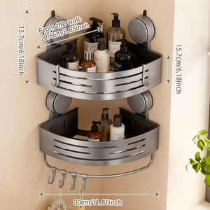 Porte-accessoires de douche à ventouse d'angle (lot de 2 gris), <span class=keywords><strong>étagère</strong></span> de douche en <span class=keywords><strong>aluminium</strong></span> sans perçage avec barre porte-serviettes et crochets, organisateur de rangement de <span class=keywords><strong>cuisine</strong></span> - Product Image 2