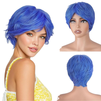 Wig Pixie Cut Kecil yang Dapat Disesuaikan Warna Biru, Terlihat Alami, Tebal, Lembut, Serat Sintetis Tahan Panas Tinggi, Kepadatan 180%, Anime Kartun