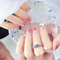 Faux ongles carrés courts scintillants, style français, rose ombré, en ABS avec diamants artificiels