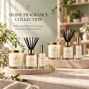 Aikun Matching Gold Accent 3 Piece Home Fragrance Gift Set with Candle <b>Reed</b> <b>Diffuser</b> Room Spray Custom Branding <b>for</b> Interiors - Product Image 1