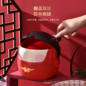 Nezha Style Desktop Trash Can Round Red Flip Top Office Wastebasket Indoor Storage <b>Bin</b> 260g - Product Image 5