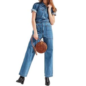 จั๊มสูทลำลองแขนสั้นผ้ายีนส์สีน้ำเงินสำหรับผู้หญิง สวมใส่ทำงานได้ เอวยางยืด ติดซิป จั๊มสูทขายาวสำหรับสุภาพสตรี - Product Image 3