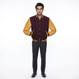 เสื้อแจ็คเก็ตวาร์ซิตี้ลำลองสำหรับผู้ชาย FINER THREADS สีมารูน เยลโลว์โกลด์ คอตั้ง ปักโลโก้ด้านหน้า ติดกระดุมแบบปกปิด ผลิตจากผ้าฝ้าย 100% สำหรับฤดูหนาว - Product Image 1