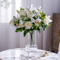 Arrangement de roses magnolias blanches et roses artificielles, bouquet de fleurs en soie artificielle, feuilles vertes, vase en verre, fait main, fête des mères