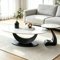 Ensemble de tables basses mobiles, plateau ovale en pierre frittée, base en métal noir artistique, table d'appoint décorative moderne pour salon et maison