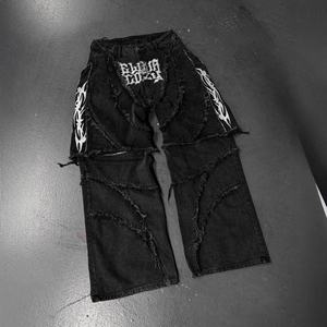 Jeans Anchos Negros Desgastados con Bordado para Hombre, Pantalones Vaqueros de Estilo Gótico Extra Grandes con Flecos y Detalles Gráficos - Product Image 4