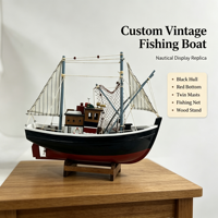 Modèle de bateau de pêche vintage personnalisé avec coque noire, fond rouge, deux mâts et détails de filet de pêche