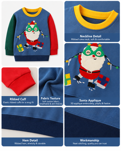 <span class=keywords><strong>Sweat</strong></span>-shirt de Noël 2026 pour garçons, pull colorblock avec applique Père Noël brodée, en coton, col rond, pour enfants, OEM - Product Image 4