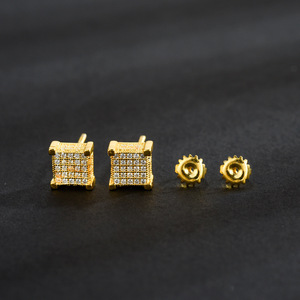 Square Stud Earrings Micro Set Zircon Full Diamond Geometric Cube Design For Men Party Fashion Hip Hop Jewelry - Product Image 3
