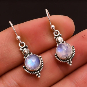 Thai <b>Silver</b> <b>Drop</b> <b>Earrings</b> Moonstone Bezel Setting Women's Jewelry Gift WEH007 - Product Image 1