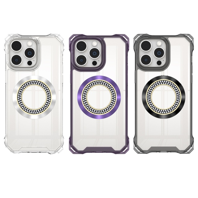 Luxury Bling Glitter Diamond Crystal Clear TPU+PC Shockproof Anti-Fall Magnetic Phone Case for 15/14/13/12/11 Pro