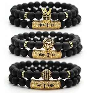 NUORO Classic Black Beads 2 pz/set bracciale in pietra di vetro naturale da uomo pavimenta CZ 8mm Disco Ball Charms bracciali donna gioielli in oro