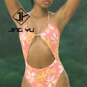 Maillot de bain une pièce pour femme, style occidental, imprimé ajouré, en polyester côtelé, personnalisable OEM - Product Image 1