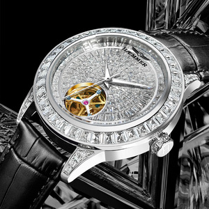 Jam tangan <span class=keywords><strong>Analog</strong></span> berlian antiair uniseks, jam tangan olahraga modis desain bercahaya tali kulit casing baja otomatis mekanis - Product Image 2