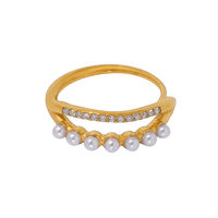 Bague double couche réglable élégante et minimaliste en acier inoxydable plaqué or 18 carats avec zircon 5A et imitation perle pour femme, idéale pour cadeau ou soirée