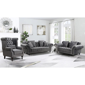 Nút gỗ rắn chần chesterfield sofa đặt nhung 3 + 2 + cánh tay ghế màu xám đồ nội thất nhà Thanh Lịch Chân giường phòng khách văn phòng - Product Image 1